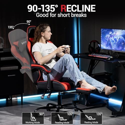 Gaming Chair, Video Game Chair with Footrest and Massage Lumbar Support, Height Adjustable Ergonomic Computer Chair with Swivel Seat and Headrest for Home Office Gaming, Red