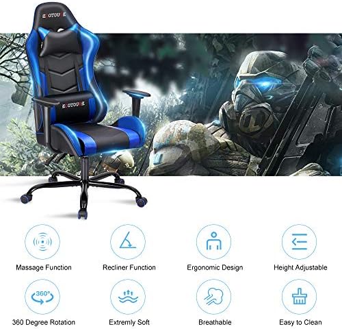 Blue PC Racing Ergonomic High Back Massage Gaming Recliner