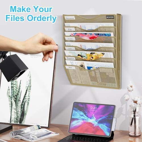 BOHDK Wall File Organizer, Hanging File Folder Mail Organizer, Vertical Mesh Metal Door/Wall Mount Hanging File Holder, Paper Document Magazine Rack with Hooks for Home Office (6 Tier Gold)
