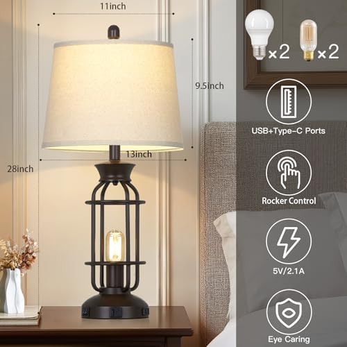 28" Tall Farmhouse Table lamps Set of 2, Vintage Industrial Table Lamp with USB C+A Ports & Outlet, Modern Rustic Bedside Lamp for Nightstand Living Room Bedroom Side Table Office Brown, 4 LED Bulbs