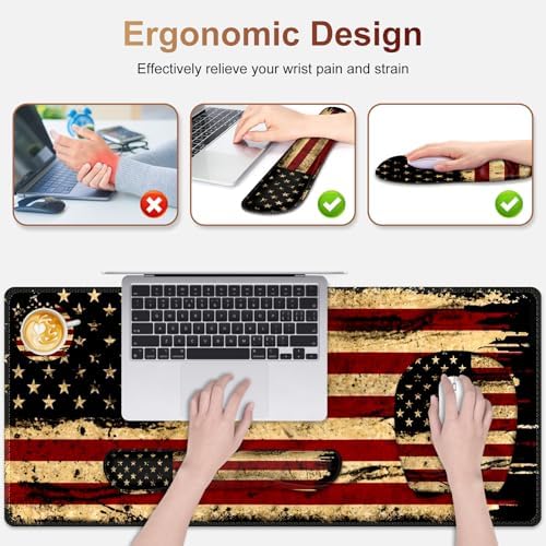 Large Mouse Pad with Wrist Support 4in1 Set, XXL Game Mousepad + Keyboard Wrist Rest+Mouse Wrist Rest+Coaster with Ergonomic Design Gaming Mat for Home Office Table Computer I Retro USA Flag