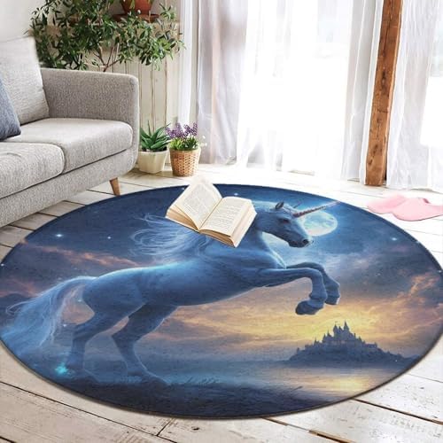 Large Home Decor Mat, Soft Round Yoga Carpet, Non Slip Machine Washable Home Office Circle Rug Unicorns