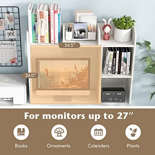 Tangkula Desktop Bookshelf, Countertop Storage Hutch with 5 Shelves for Computer Desk, Desk 3-Tier Display Rack, Multipurpose Wood Desktop Hutch Storage Organizer for Dorm Office Home