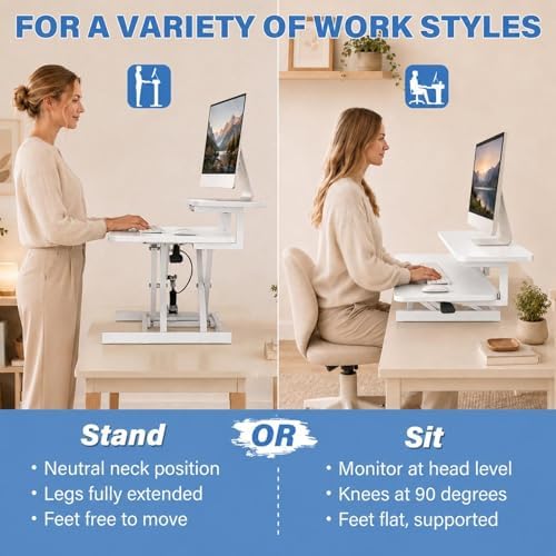37" Height Adjustable Standing Desk Converter, 4.9" to18.5 Height Adjustable Sit Stand Up Desk Riser with Secondary Desks, Desktop Workstation Riser for Home Office Computer Laptop, White