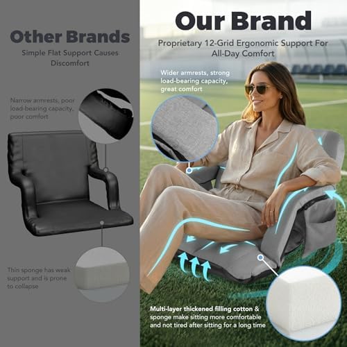 Stadium Seats with Back Support Wide, 4.7" Padded Bleacher Seat, 6-Position Reclining Bleacher Chairs with Back and Cushion, Sofa Style Ergonomic Design for Sports Games Baseball Football (22.5"Grey)