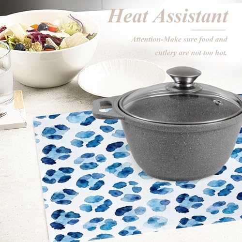 Shrahala Navy Blue Set of 8 12 X 18 Inch Linen Placemats, Watercolor Stains Burlap Table Mat Washable Double Layered Heat Insulation for Indoor/Outdoor