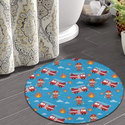Women's Large Home Decor Mat, Soft Round Yoga Carpet, Non Slip Machine Washable Home Office Circle Rug Red Fire Truck Cartoon, 60inch