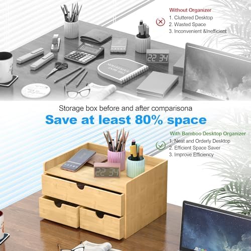 Bamboo Desk Drawer Organizer, Large Desktop Organizer with Drawers Tabletop Storage Organization Box for Office Home Toiletries Supplies Vanity, No Assembly Required (3 Drawer with Shelf)