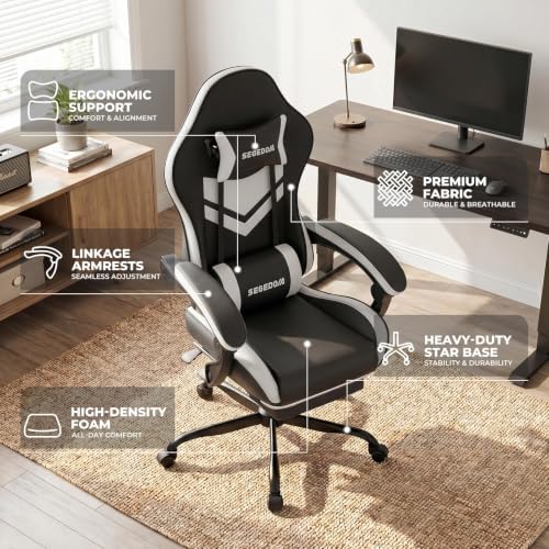 Gaming Chair with Footrest & Massage Lumbar Support, PU Leather Ergonomic High Back Swivel Height Adjustable Chair for Adults, Office Gaming, 300 lbs (Black White)