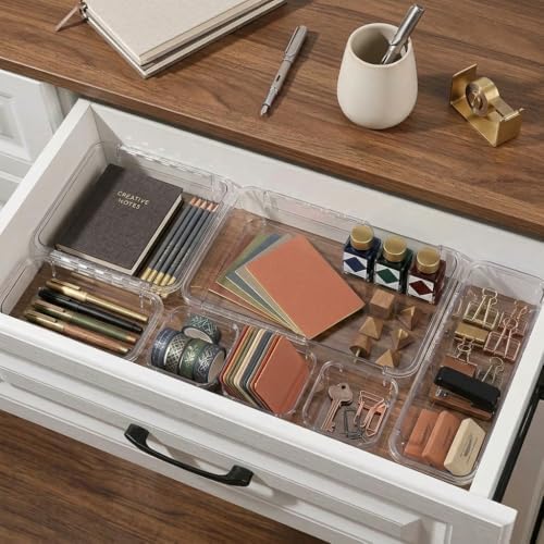 14 Pcs Expandable Clear Drawer Organizers, 3-Size Adjustable Storage Bins