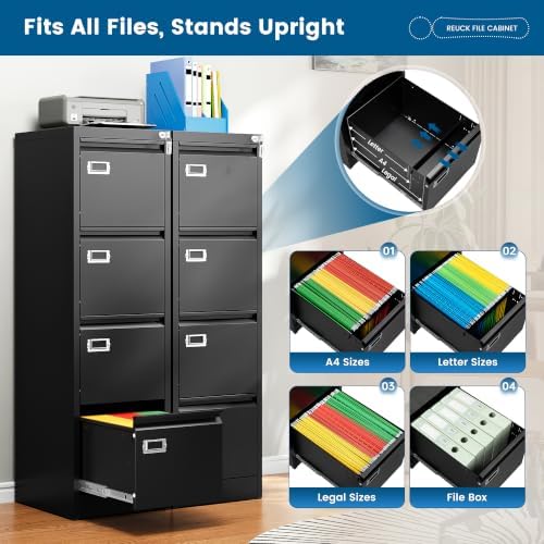 PEUKC 4 Drawer File Cabinet, Vertical Filing Cabinets with Lock, Metal File Cabinets for Home Office, Anti-Tip 4 Storage Drawers for Letter/Legal/A4/F4 Size (Assemble Required, Black)