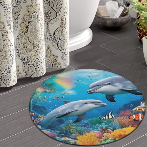 Room Sofa Yoga Soft Round Carpet, Home Decor Non Slip Kitchen Office Circle Rug, Machine Washable Modern Round Area Rug Blue Ocean Underwater World Dolphin Art, 24inch