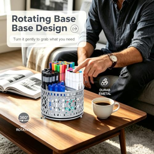 Pen Holder for Desk, 360 Degree Rotating Pencil Holder (Silvery)