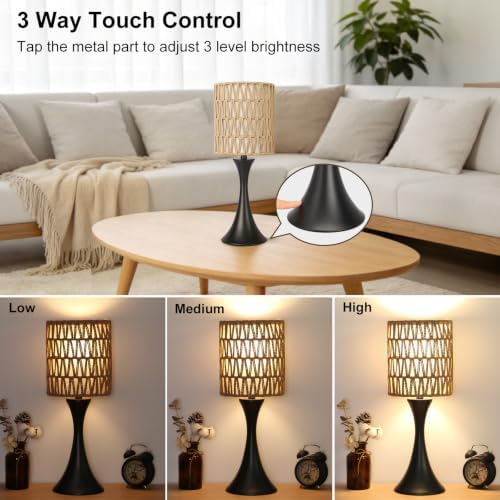 Rattan Table Lamp, 3 Way Touch Control Bedside Lamp with Dual-Layer Shade