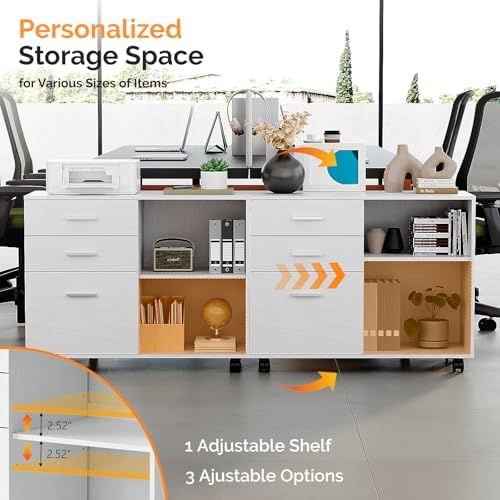 VINGLI 3 Drawer Wood Lateral File Cabinet with Adjustable Shelves & Locking Wheels, Printer Stand with Drawers for Letter Size Files, Sturdy White File Cabinets for Home Office, Study & Business