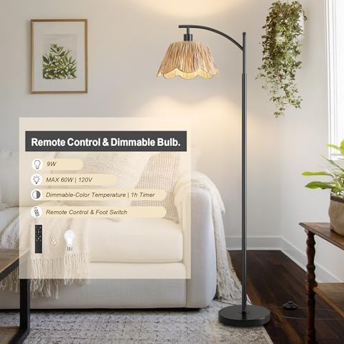 Oneach Arc Floor Lamp for Living Room with 3 Color Temperatures, Rattan Boho Floor Lamp with Hand-Woven Wicker Shade,Farmhouse Floor Lamps with Remote & Dimmable Bulb, Suitable for Bedroom（Black）