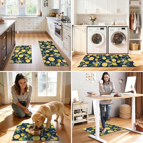SHACOS Anti Fatigue Lemon Kitchen Rugs Mats Set of 2 Pieces Non Slip Soft Cushioned Standing Desk Mats Wipeable Waterproof Floor Mat for Kitchen Laundry, 17"x27.5"+17"x47", Dark Blue