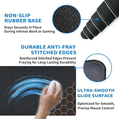 Extended Honeycomb Desk Mat, XXL Large Gaming Mouse Pad, Gold Glowing Pattern Stitched Edges Waterproof Non-Slip Rubber Base for Computer Keyboard Laptop Work Home Office 35.4"x15.7"