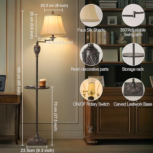 Traditional Floor Lamp withTray,Remote Dimmable,350°Swing Arm,Antique Black