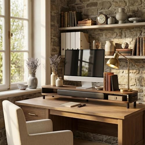 Fenge Dual Monitor Stand with Large Storage Drawer, 42.5" Desk Shelf, Brown
