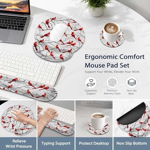 Cardinal Ergonomic Keyboard and Mouse Wrist Rest Set, Christmas Mouse Pad with Non Slip Base, Soft Cloth Surface for Office and Home Typing Support