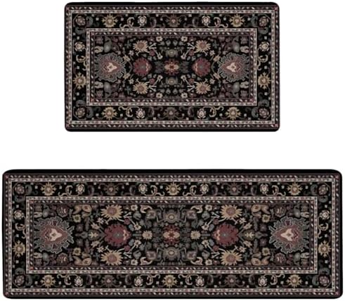 Boho Kitchen Mat, 2PCs, 17.3"x47"+17.3"x29", Black Multicolor