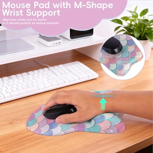 Mouse Pad with Wrist Rest Ergonomic Mouse Pad with Comfortable M-Shape Pain Relief Wrist Support Non-Slip PU Base Mousepad for Laptop, Office & Home (Candy Mermaid)