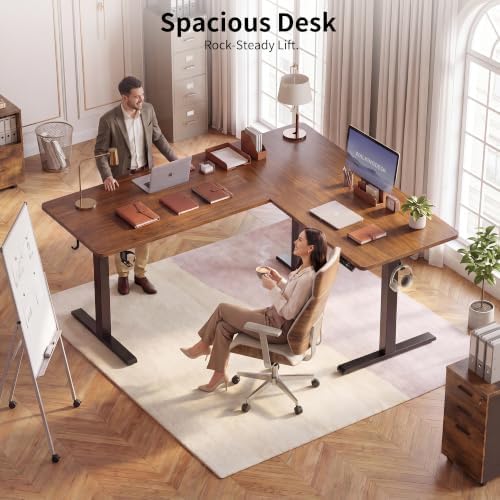 WALKINGDESK 63X55 Inches Reversible L Shaped Standing Desk Height Adjustable with Cup Holder, Electric Corner Computer Desk, Sit Stand up Home Office Desk, Ergonomic Gaming Desk, Black Walnut