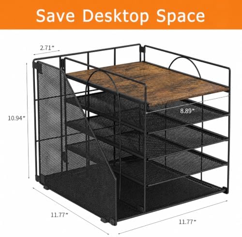 LEKETREE Desk Organizers and Accessories, 5-Tier Paper Letter Tray Organizer with File Holder, Desktop Organizer for Office Supplies (Wood)