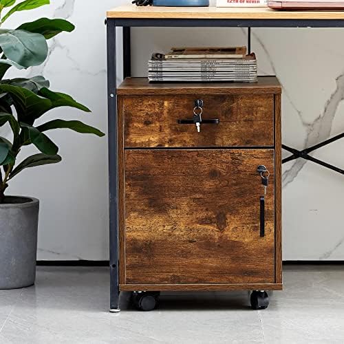 OFCASA File Cabinet with Lock, Small Rolling Filing Cabinets for Home Office, 1-Drawer Wood Under Desk File Cabinet with Wheels, Mobile Storage Organizer/Printer Stand for Letter/Legal, Rustic Brown