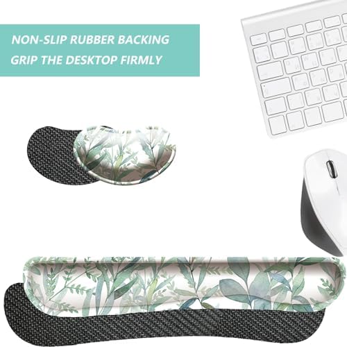 Keyboard Wrist Rest Mouse Wrist Support Set, Memory Foam Wrist Rest Pad for Computer Laptop Keyboard Mouse, Ergonomic Wrist Cushion Support for Typing Pain Relief, Gaming Home Office, Green Leaves