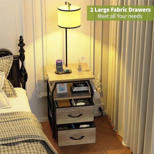 runjuly Floor Lamp with Table, End Table with Light and Charging, Greige