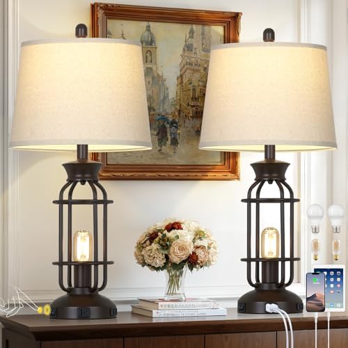 28" Tall Farmhouse Table lamps Set of 2, Vintage Industrial Table Lamp with USB C+A Ports & Outlet, Modern Rustic Bedside Lamp for Nightstand Living Room Bedroom Side Table Office Brown, 4 LED Bulbs