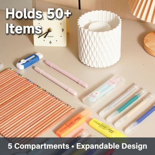 White Pen Holder for Desk, 360° Rotating Pencil Organizer, 5 Slots