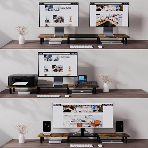43.7" Extra Long Dual Monitor Stand Riser, Wood & Steel Monitor Stand for 2 Monitors, Wide TV Stand, Desktop Riser for Desk Organization, Home Office、Laptop,Printer,TV (Vintage black)