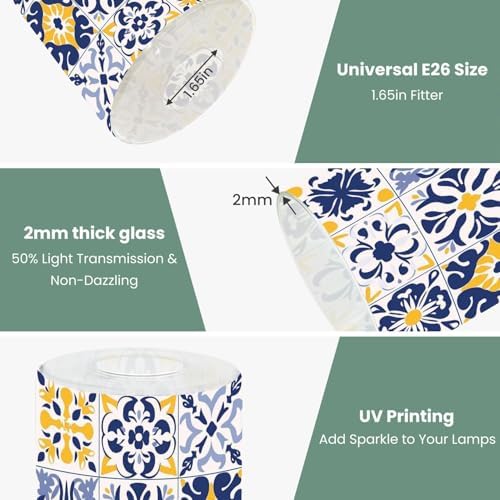 3 Pack Cylinder Glass Lamp Shade Set 16 tiles Azulejos blue gray yellow Original traditional Portuguese Covers with 1-5/8" Fitter Opening Light Fixture Replacement for Table Lamp Bathroom Vanity Light