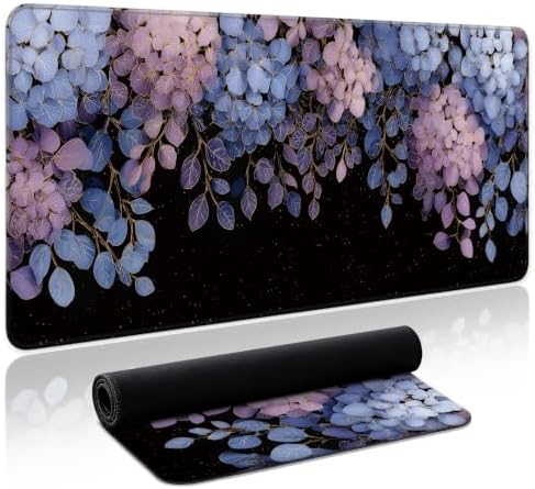 Aesthetic Desk Mat, Cute Midnight Hydrangea Desk Pad Protector for Work & Decor, 31.5" x 11.8", Pretty Non-Slip Extended Mouse Pad for Office or Home