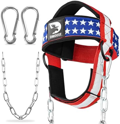 DMoose Fitness Neck Harness for Weight Lifting - Soft Padded Head & Chin Strap with 30" Heavy Duty Steel Chain - Neck Exerciser, Trainer & Strengthener to Support Injury Recovery and Intense Workouts