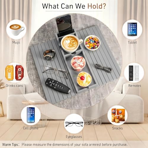 Yoshiky Grey Bamboo Couch Armrest Table, Couch Arm Tray with Removable Couch Cup Holder, 2 in 1 Design Foldable Anti-Slip Bamboo Couch Tray and Sofa Cup Holder for Drink
