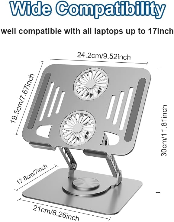 Laptop Cooling Stand with Fan, 360° Rotating Base, Adjustable Height, Portable Notebook Riser for Desk Gaming, Office, Movie Watching & Screen Sharing, Fits Up to 17 Inch Laptops