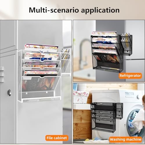 Magnetic File Holder, Magnetic File Organizer Wall Mount, 5 Tier Hanging Mail Organizer Folder Holder, Mesh Desk Accessories and Organizers, Paper Document Magazine Rack with 3 Pen Holder