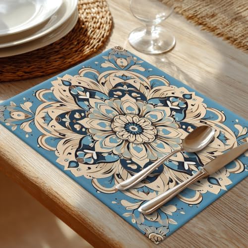 Shrahala Floral Intricate Placemats, Beautifully Detailed Flower Table Mat Linen Burlap Washable Double-Deck Heat Insulation for Dining/Kitchen Table Set of 8 (12 X 18 Inch)