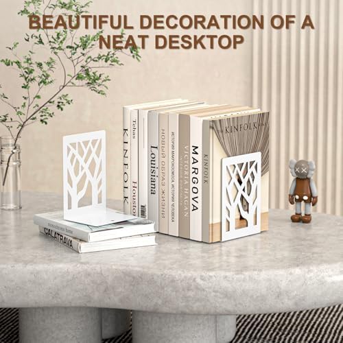 VFINE Withe Bookend 4-Piece, Tree Design Bookends for Shelves, Metal Book Ends for Desk, Decoration Stylish Bookshelf Bookends for Home Office School Supplies