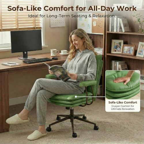 Sage Green Office Chair with Triple-Layers Thicken Wide Seat, Mid Back Leather Desk Chair with Wheels and Arms, Mid-Century Modern Computer Chair for Home Office