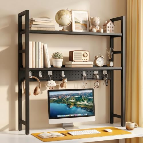 Brakki 2-Tier Desk Shelf, Desk Hutch Bookshelf with Pegboard and Hook Dorm