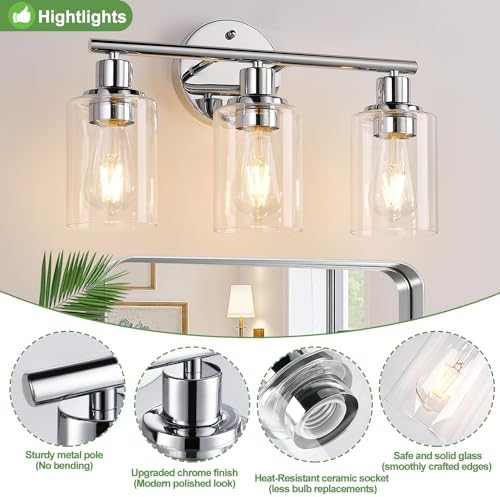 Zarbitta 3-Light Bathroom Light Fixtures, Chrome Bathroom Wall Light with Clear Glass Shade, Bathroom Wall Lamp for Mirror Kitchen Living Room Hallway Cabinet