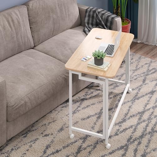 4NM 31.5" Mobile Small Rolling Computer Desk, Folding Laptop Cart Table with Wheels, Portable Office Desk for Small Space Couch Bed - Natural and White