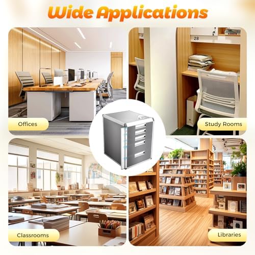 Desk Organizer with 5 Drawers, Metal Desktop Storage Cabinet File Holder with Locks and Keys, Filing Case Literature Organizer for Office Home, L12.4*D13.8*H16in, Silver & Grey
