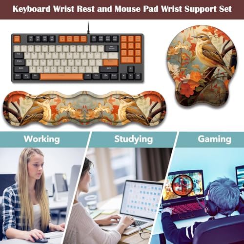 Keyboard Wrist Rest and Mouse Pad Wrist Support with Lace-Shaped Coaster Set, Ergonomic Gel Memory Foam and Anti-Slip Base, Easy Typing and Pain Relief - Larks Among Flowers