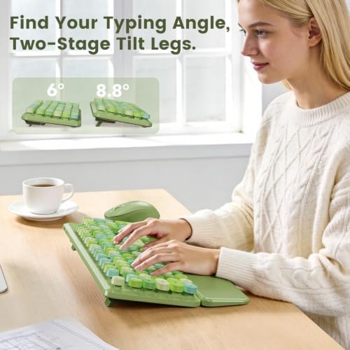 Wireless Keyboard and Mouse Combo, Magnetic Wrist Rest, Round Keycap, Green